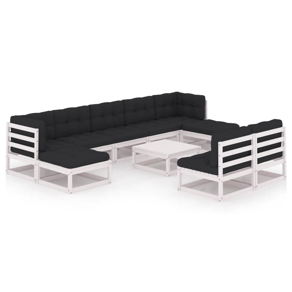 10-tlg. Garten-Lounge-Set mit Kissen Weiss Kiefer Massivholz